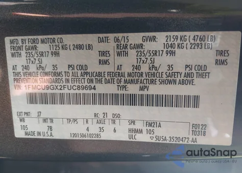 2015 Ford Escape Se z USA, uszkodzony, nr VIN 1FMCU9GX2FUC89694